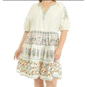 Crown & Ivy Folk Floral Tiered Mini Dress Puff Sleeve Bird Print Plus Size 4X